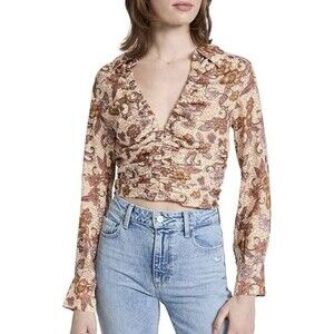 F. Free People Crop Top L Floral Multicolor Blouse Long Sleeve V Neck